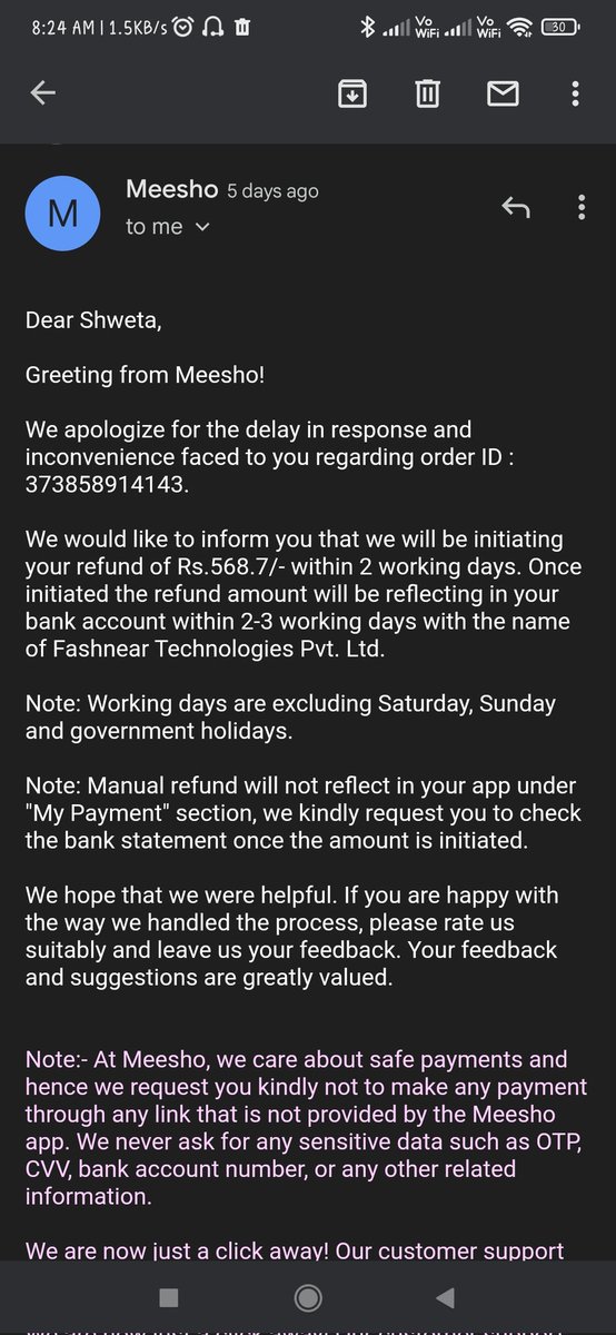 VijaySHD's tweet photo. @meesho_support @Meesho_Official @Arpan2004 @jagadeeshasit1 @vikashislive  @deekshaim2668 @BandBajaateRaho . 
Promise#4 that the refund would be completed in 2 days. Its over 5 days now. 
How would anyone ever trust @Meesho_Official,  audacity to promise in writing multiple times and fail #SayNoToMeesho https://t.co/efDsrErb5z