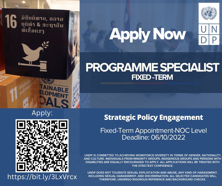 UNDPLaoPDR's tweet photo. 📢 #Hiring #Vacancy #WomenEncouraged #nationalposition ➡️ Lead Poverty Reduction team, work w/ other units in Country Office, #UN agencies, partners + more to successfully implement #UNDP supported program.

➡️ Learn more &amp; apply👉https://t.co/5MaVgFHzCc
🗓 6 October 2022 https://t.co/7bE4wTTZUU