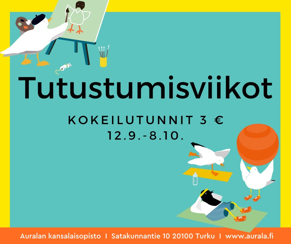 AuralaTurku's tweet photo. Tule tutustumaan Auralan kansalaisopiston monipuoliseen kurssivalikoimaan!🧘‍🎨🎼✒️🩰Kokeilutunnit vain 3 €/kerta. Kokeilumahdollisuus on tunneilla, joiden alkaminen on varmistunut ja joilla on vielä tilaa. Lisätiedot: https://t.co/f1zKckwzOg
#Auralankansalaisoisto #ArjenRetki https://t.co/ttWXvwY40C