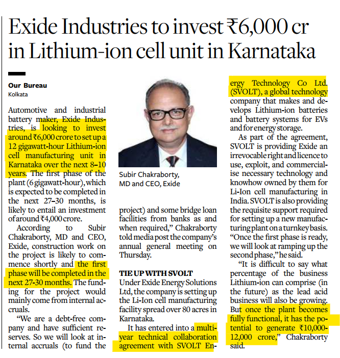 a_basumallick's tweet image. Exide setting up new battery plant...to be ready in 30 months ... capex of 4000cr, all from internal accrual... looks to earn 10-12K crs once fully operational.

intelsense.in

#investing #LiBattery