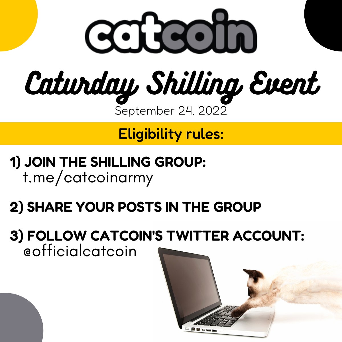 officialcatcoin's tweet photo. #Catcoin’s Caturday Shilling Event is tomorrow! Here's a reminder of the rules for the creative cats participating to win great prizes from #BNB and $CATS to lottery tickets. 

Please make sure to do the following things to successfully take part in this event. #catcoinarmy https://t.co/eSsJ8BHHhE