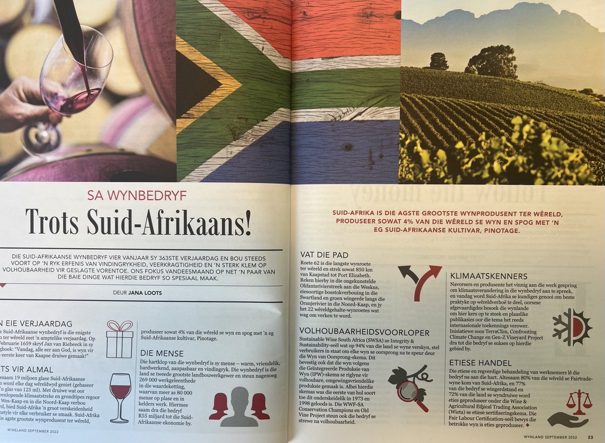 🍷363 years old
🍷only wine country with an actual birthday 2Feb1659
🍷8th largest producer globally
🍷employ 269,000 people
🍷2 nd largest agric export
🍷19 million glasses 🇿🇦enjoyed daily globally
🍷worldclass winetourism incl longest wineroute R62
Raise a glass on #heritageday