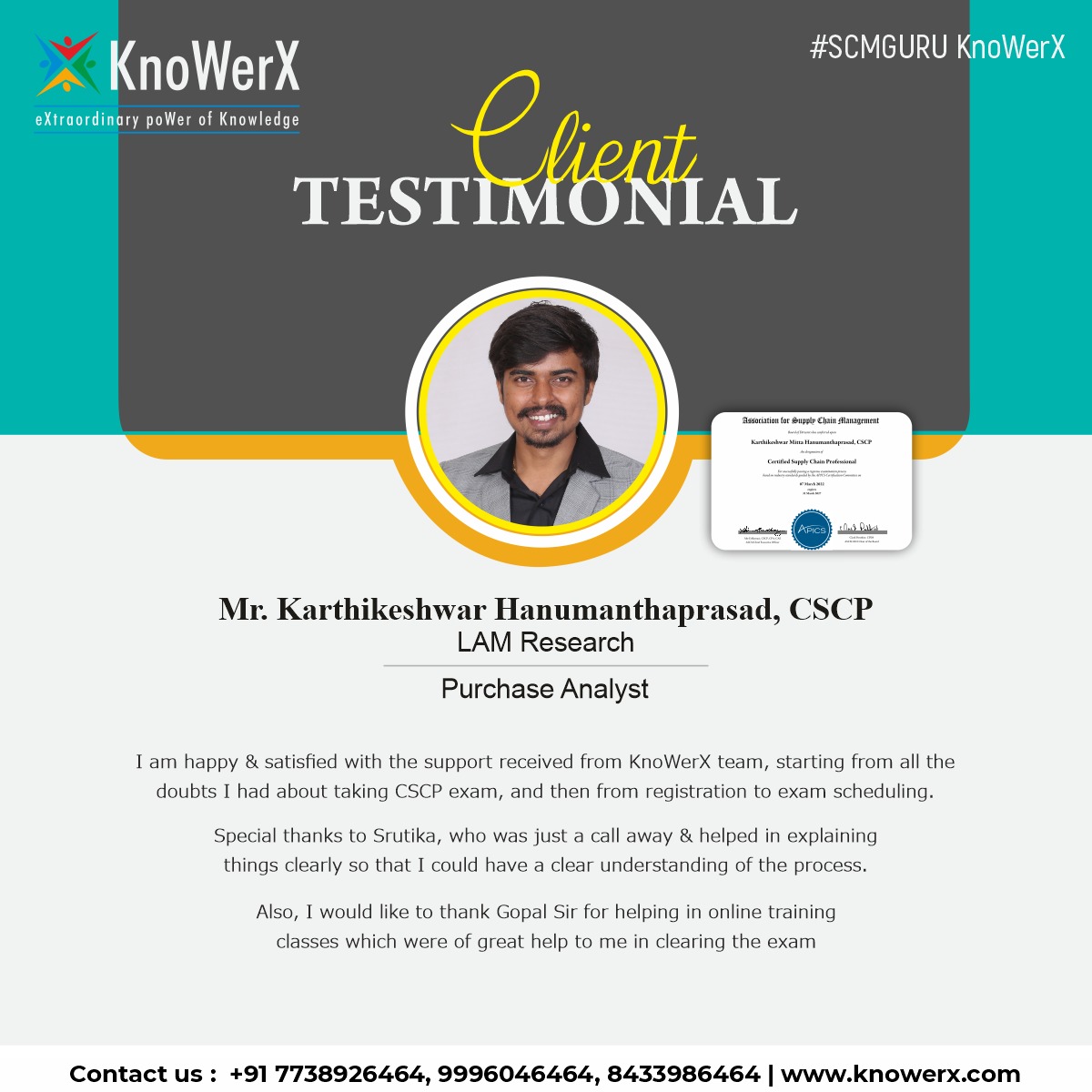 KnoWerX's tweet photo. #clientfeedback #clientdiaries #testimonials #success #education #Knowledge #lamresearch #trainer #onlineclasses #scmguru #KnoWerX #learninganytimeanywhere #certificationcourse #CSCPtraining #supplychain #supplychainmanagment #testimonial #scm #learning #UpliftyourCareer https://t.co/9S254kNt5S