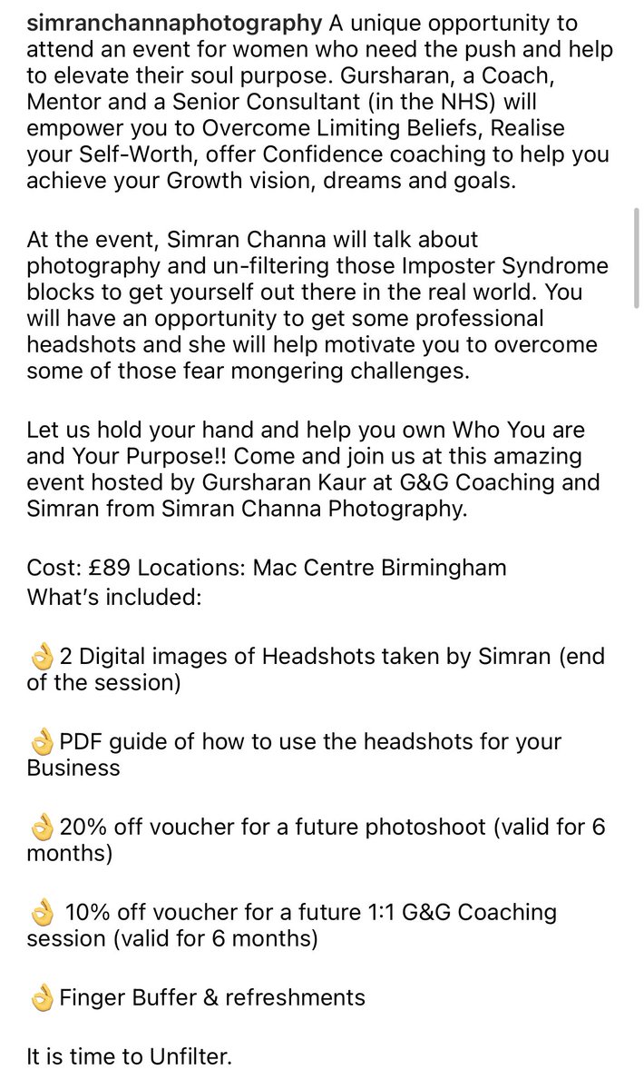 A_W_M_B's tweet photo. Business Confidence; Unfiltered 

Sat 1st October 11-1 in Birmingham 

Join Gursharan Kaur &amp; @simrantwin for confidence coaching, head shots &amp; overcome imposter syndrome 💗 https://t.co/MRh0GocDni