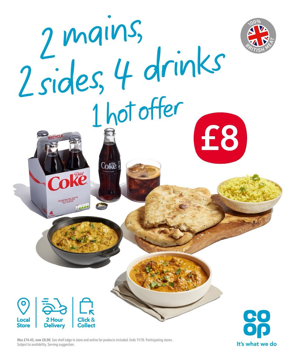 Night in? Take away 2 mains, 2 sides and 4 drinks with the @coopuk £8 curry meal deal! 🥘 Find out more ➡️ coop.uk/321dn7S