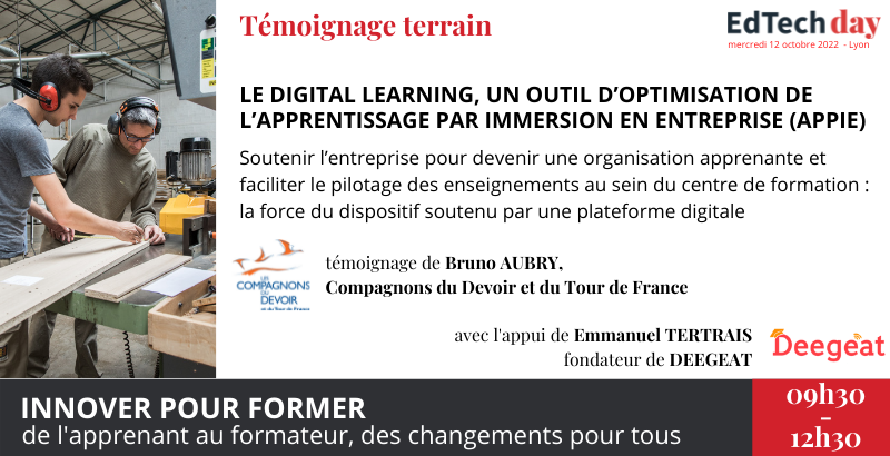 EdtechLyon (@edtechlyon) on Twitter photo A la croisée entre innovation pédagogique et transformation des organisations, rôle des #edtech : la parole à Bruno Aubry <a href="/les_compagnons/">Compagnons du Devoir</a> et Emmanuel Tertrais Deegeat sur l'#apprentissage par #immersion en #entreprise
#EdTechDay edtechday.net A la croisée entre innovation pédagogique et transformation des organisations, rôle des #edtech : la parole à Bruno Aubry <a href="/les_compagnons/">Compagnons du Devoir</a> et Emmanuel Tertrais Deegeat sur l'#apprentissage par #immersion en #entreprise
#EdTechDay edtechday.net