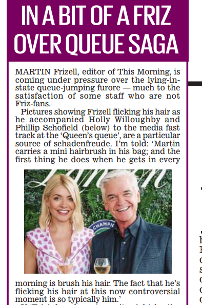 alisonboshoff's tweet photo. Q gate day six - pressure on 'fixer' Frizell - and the inside story of his mini hairbrush... #thismorning #queuegate #scofe #holly https://t.co/8Dlkkpwpa4