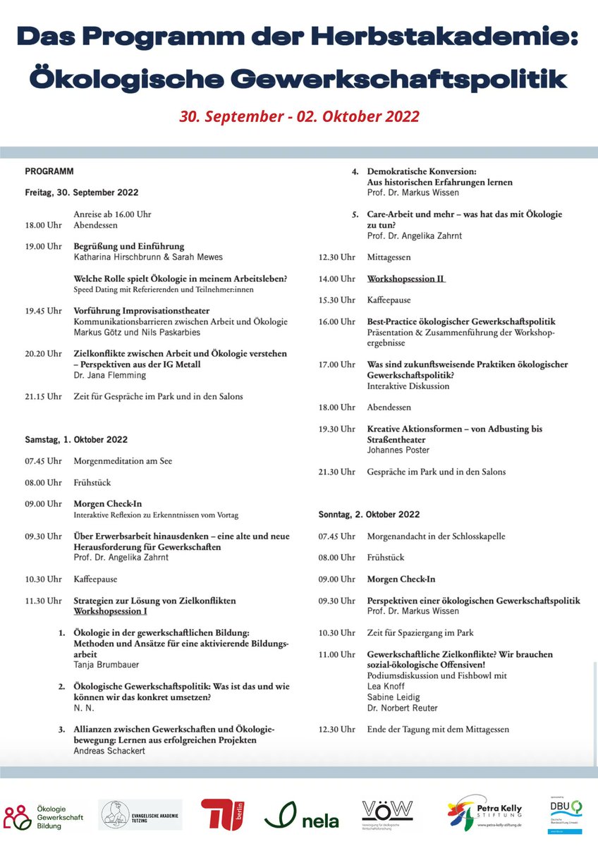 Letzte Chance, um sich für unsere #Herbstakademie vom 30. bis zum 02. Oktober in Tutzing anzumelden. 

Ihr fragt euch, wie #ArbeitundOekologie zusammenpassen? Dann meldet euch hier an: buff.ly/3Q1wsQv 
Wir freuen uns, euch nächste Woche in Tutzing zu begrüßen! 🤗