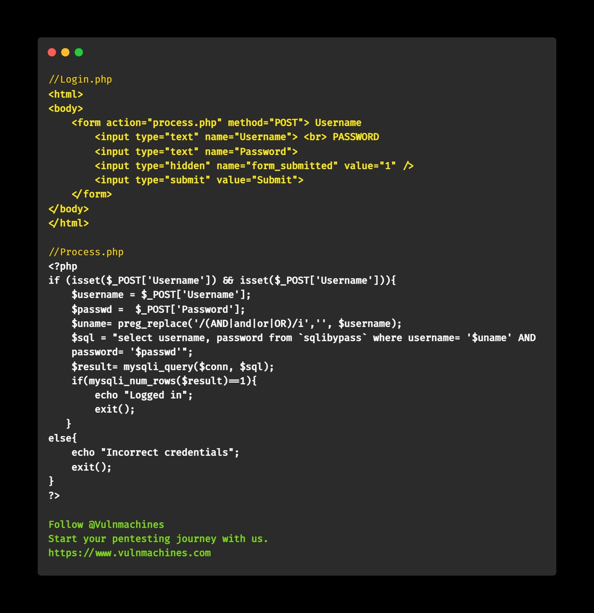 Vulnmachines's tweet photo. Vulnerable #code snippet.
Vulnerability is SQL Injection.
Comment payload and share with #infosec friends.
Start your #pentesting journey with us.
https://t.co/LjT9Gdvvy0
#informationsecurity #codereview #sourcecode #code2022 #cybersecurity #Developer #securecode https://t.co/X4HPNCzzLV