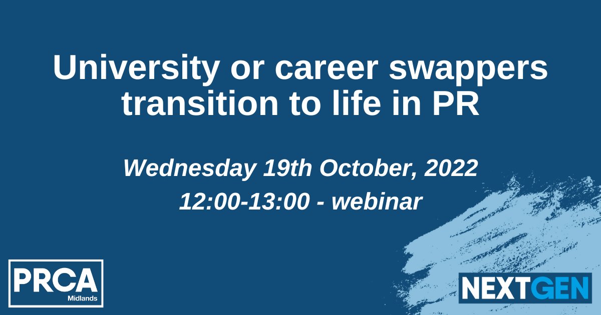 PRCA_Midlands's tweet photo. Join @PRCAMidsNextGen co-chairs Chloe Baker and Sophie Davies, joined by WPR agency’s Sam Brown, as they discuss the transition from university or career swapping, to life in the world of PR. Hosted by PRCA Midlands Chair, Bron Eames.

Register here- https://t.co/nsF5JJaDDj

#pr https://t.co/rjPvnqcMll