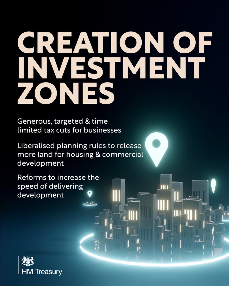 Headline: Creation of Investment Zones 

Subheading: Generous targeted & time limited tax cuts for businesses, liberalised planning rules to release more land for housing & commercial development, reforms to increase the speed of delivering development 

Visual: 3D rendered investment zones which look like small cities 