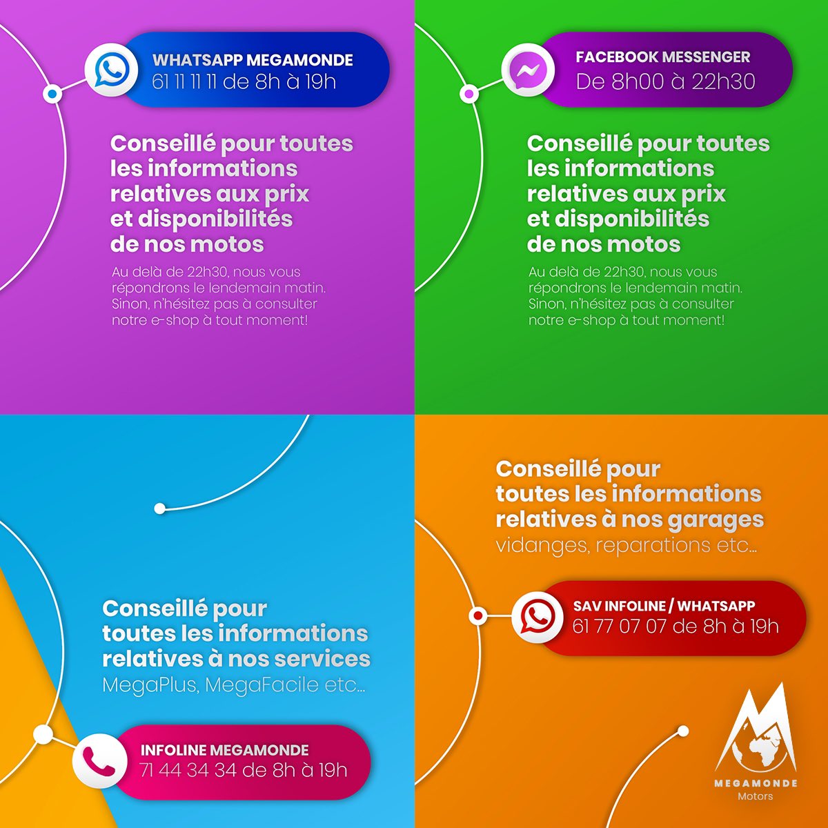 Megamonde's tweet photo. 🔔INFORMATION UTILE📣
Nous sommes accessibles sur nos différentes plateformes selon vos besoins spécifiques aux horaires et contacts indiqués sur le visuel‼️
Merci à notre aimable clientèle pour la confiance ❤️🙏

MEGAMONDE... votre satisfaction, notre raison d’être ✨✨ https://t.co/sSItVJSbLM
