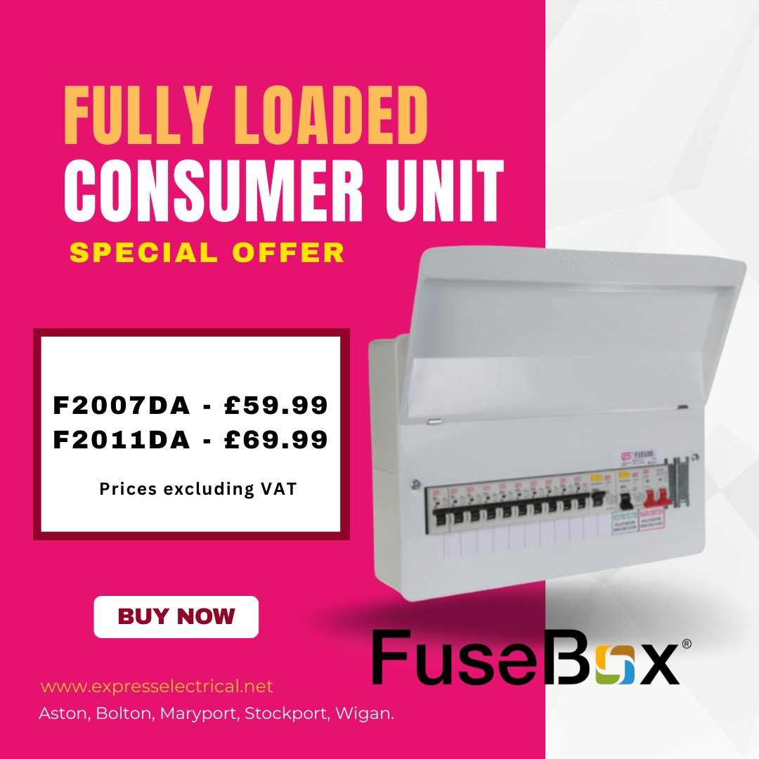 's tweet image. 🚨Check out these unmissable prices on the #FuseBox F2007DA and F2011DA Loaded #ConsumerUnits with MCB's INCLUDED🚨

F2007DA (includes 6 MCB's and 1 blank), F2011DA (includes 10 MCB's and 1 blank) - once they're gone, they're gone! 

Shop NOW: expresselectrical.net/fusebox-loaded…
