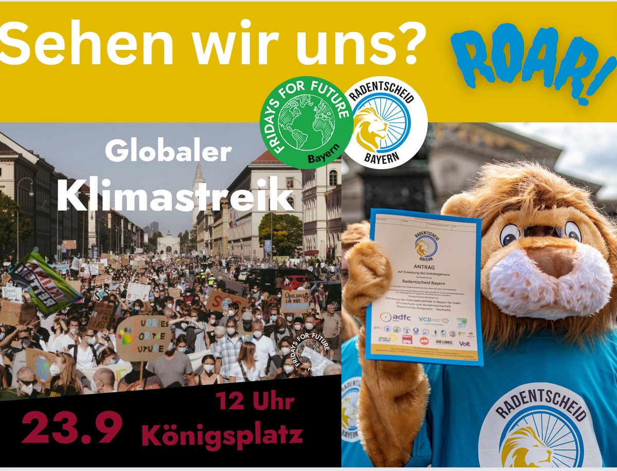 Heute 📢Globaler Klimastreik - auch in München!
Kommt alle vorbei - und bringt Eure Schilder mit!
Leo Radlherz 🦁ist selbstverständlich mit am Start und sammelt hier Unterschriften für das Volksbegehren💙💛
#PeopleNotProfit 
#Klimastreik 
#radentscheidby