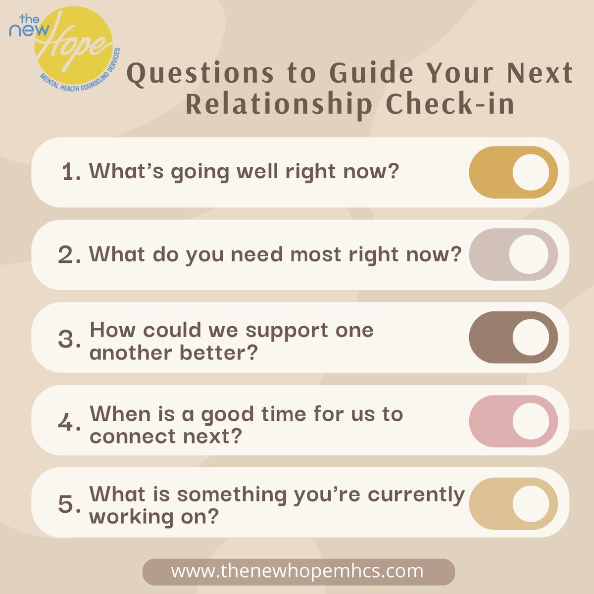 Book your appointment now!(516) 459-2920 

#relationshipcheckin #relationshipwellness #yourbestlife #relationshiptherapy #coupletherapy #relationshipsuccess # #couplecounseling #relationshipcounseling #Thenewhopemhcs #Mentalhealth