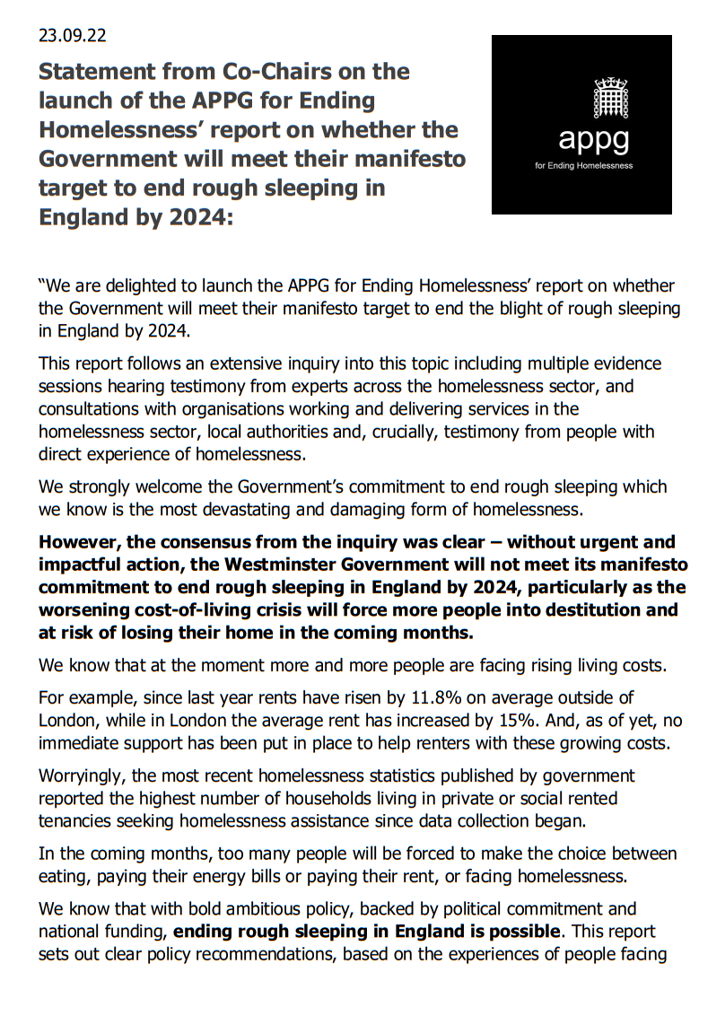 HomelessAPPG's tweet photo. Today we are delighted to launch our report on the whether the Gov is on track to meet its manifesto commitment to ‘end the blight of rough sleeping’ in England by 2024. 
Read our report here👉 https://t.co/cMuDpdTI5h 
&amp; read our Co-Chairs @BobBlackman @FloEshalomi  statement👇 https://t.co/mNoYWLnhYJ