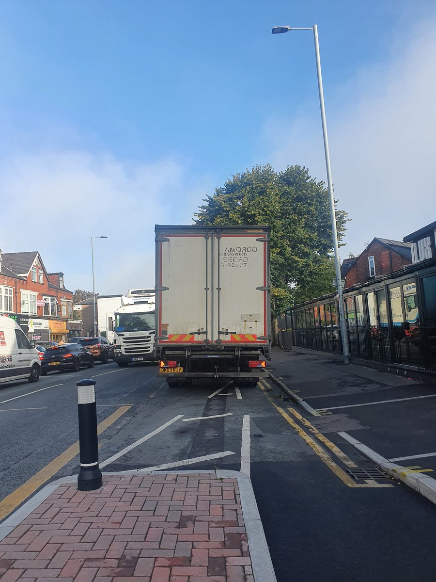 I had to physically lean out *into the street* to see my bus coming today, because the cycle lane was double blocked for deliveries to <a href="/CycleLogicMCR/">Ken Foster's</a> this morning.  There needs to be a solution to this that the business owners can and will enforce. @ChorlCycleSad.