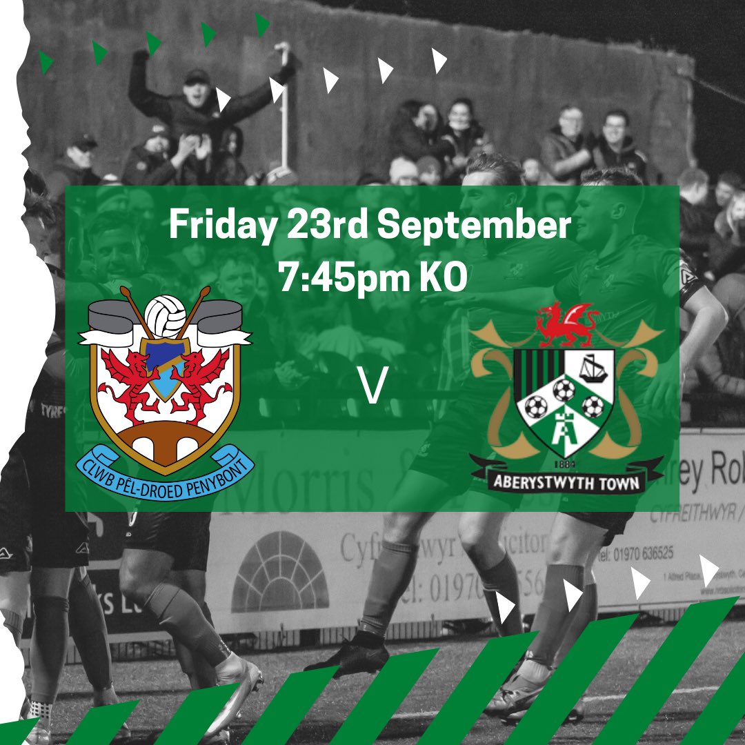 AberystwythTown's tweet photo. ❗️TONIGHT❗️

🏆 JD Cymru Premier MD7
🆚 @PenybontFC_ 
🏟 SDM Glass Stadium
⏱ 7:45pm KO

Town are back in league action after a vital home win last time out; Rhys Griffiths' men the opposition this time! 🟢⚫️ 

Preview 👉 https://t.co/8QzWDBDyGl 

#AberAsOne #Seasiders https://t.co/cWyLgGyvg4