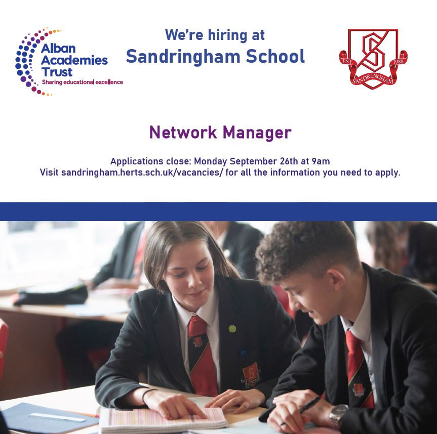 We are looking for an outstanding candidate for this exciting role at Sandringham School. Applications close Monday. Find our more here : sandringham.herts.sch.uk/vacancies/