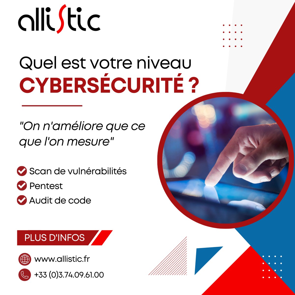 📐 "On n'améliore que ce que l'on mesure."
C'est valable aussi pour la cybersécurité de votre entreprise.
Quel est le niveau de sécurité de votre application, de votre site, de votre infrastructure informatique ?

Pour en savoir plus, c'est par ici 👉 allistic.fr
