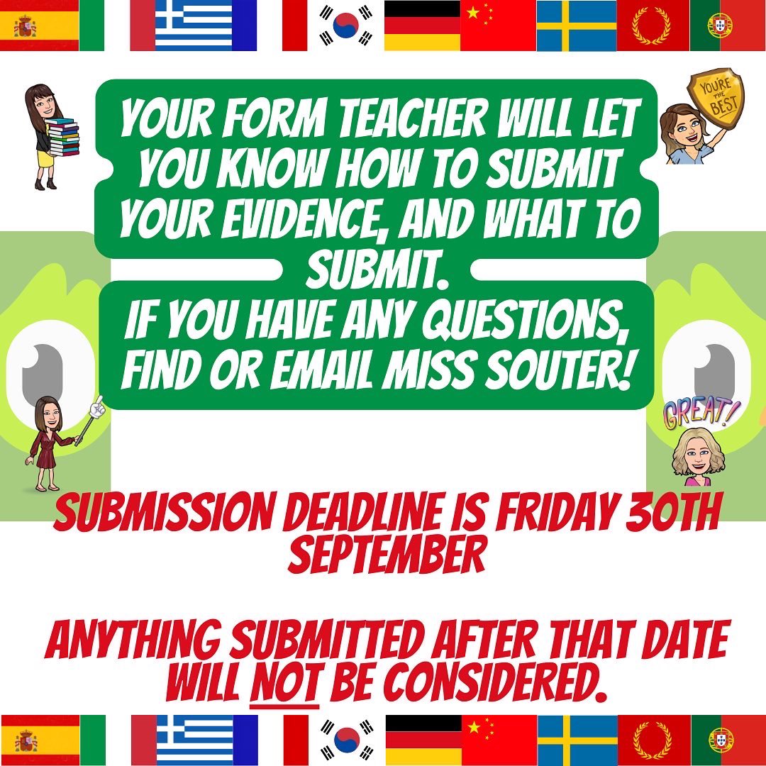 QehsMfl's tweet photo. Evidence time! Check your form or your language Google Classroom pages for more information! Any questions, please find Miss Souter in room 23 or drop her an email! ‼️DEADLINE FRIDAY 30th SEPTEMBER‼️ @QueenElizHigh https://t.co/w6t6KsC2X0