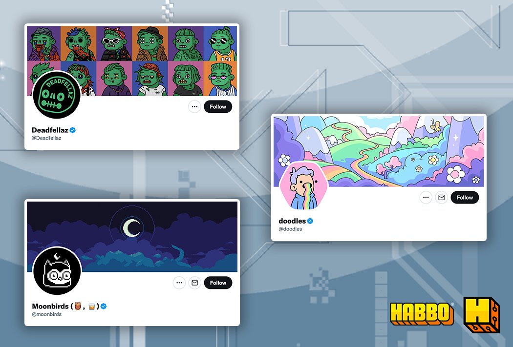 Habbo's tweet photo. RIGHT THEN. Habbo room building comp time 👷

To participate, build a room based on one of the below project’s themes, then post it on Twitter tagging them, #HabboNFT and @HabboNFT saying why they should bring their project to Habbo:

🧟 @deadfellaz
🌈 @doodles
🦉 @moonbirds https://t.co/OHYLeKXxmh