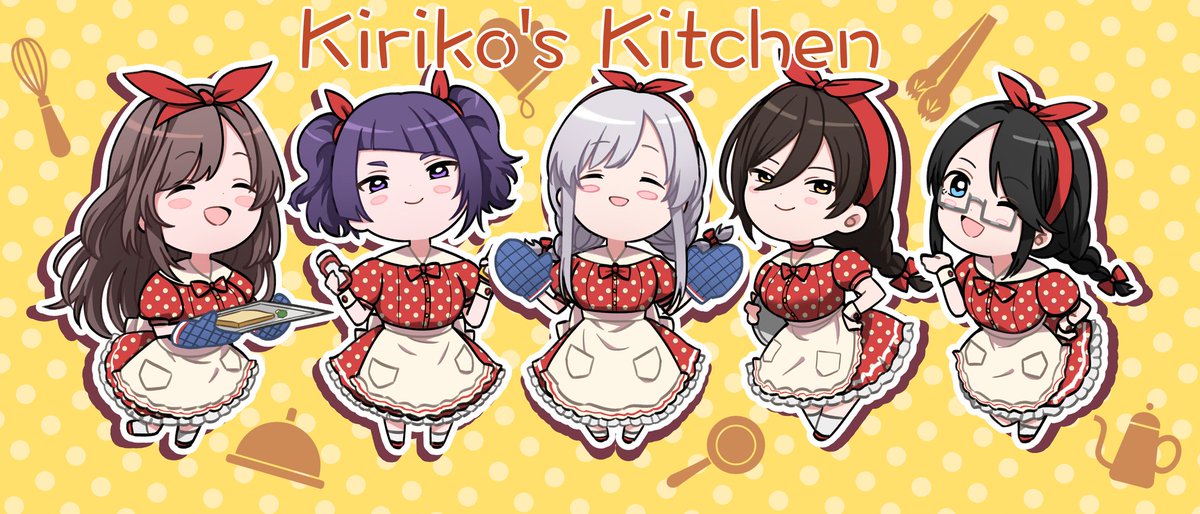 tanaka mamimi ,tsukioka kogane multiple girls oven mitts smile black hair one eye closed twintails 5girls  illustration images