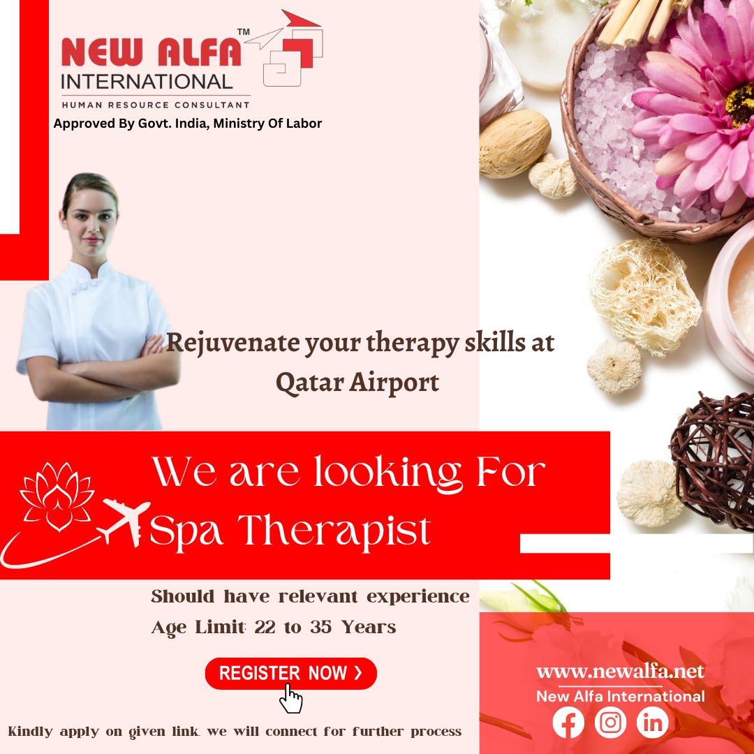 Apply Now: bit.ly/Newalfa
Is healing body your passion?
Get hired for Qatar Airport.
#newalfainternational #qatarjobs #qatarairport #Qatar2022 #hiringnow #jobhunt #spa #spatherapist #spatherapistjobs #relax #rejoice #jobseekers #spatherapy #bodycare #bodymassage