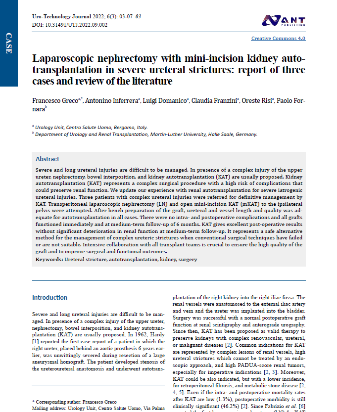 Prof. Francesco Greco @Greco0777 and his team🧑‍🔬 recently reported 3 interesting cases about LN and mKAT in the treatment of severe iatrogenic injuries of the upper ureter in Uro-Technology Journal @urotech_journal.👏Welcome to read the Case Report at antpublisher.com/index.php/UTJ/…👇