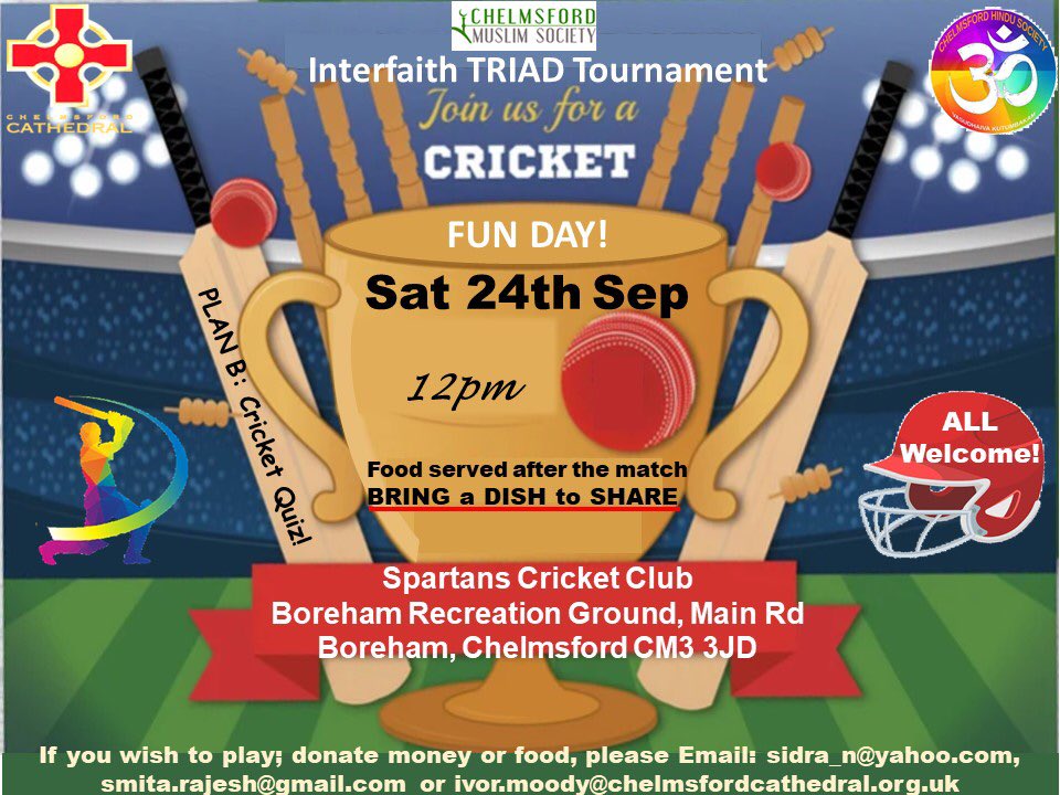 naeem_sidra's tweet photo. #Interfaith #cricket match with Christian @CCathedral , Muslim & Hindu teams playing in #Chelmsford
Bring a dish & come & watch the fun ๐คฉ
@Essex_CC #cricket #interfaithcricket #cricketmatch #multiculturalcricketmatch #multiculturalcricket #interfaithcricketmatch #boreham https://t.co/a82l5eVOIX