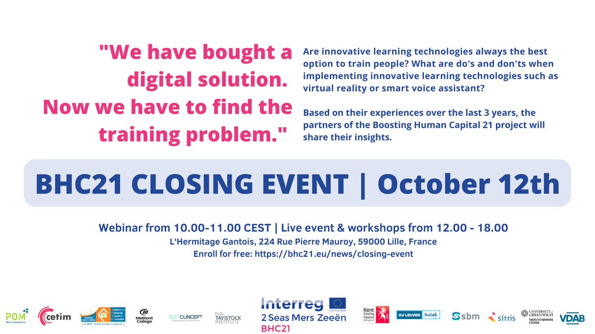 There are still some places left for our #BHC21 closing event on October 12th in Lille! Enroll for free: bhc21.eu/news/closing-e…
#innovativetechnologie #industry #lowskilledpeople #training #education #workshop #event #webinar