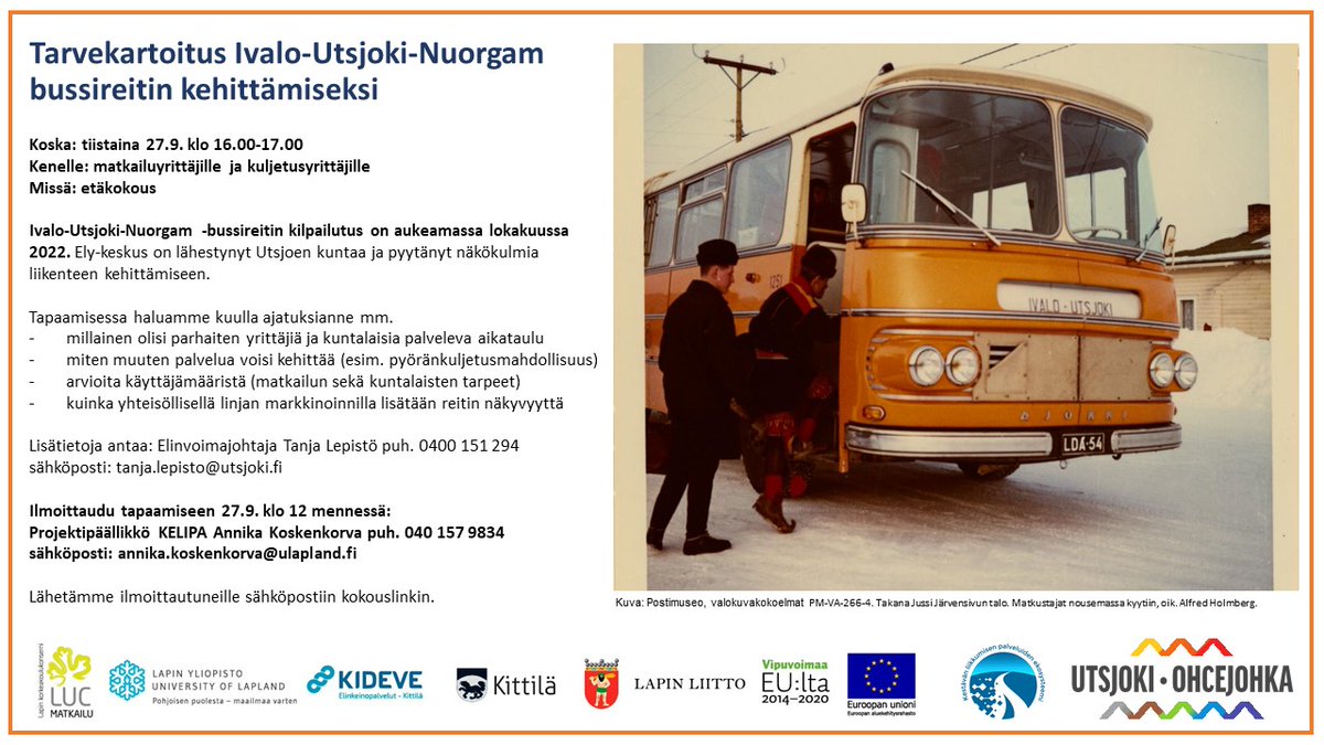 Huomio Pohjois-Lappi! KeLiPa -hanke järjestää yhdessä Utsjoen kunnan kanssa tiistaina 27.9. klo 16-17 Tarvekartoitus-tilaisuuden Ivalo-Utsjoki-Nuorgam bussireitin kehittämiseksi. Lämpimästi tervetuloa mukaan keskustelemaan!