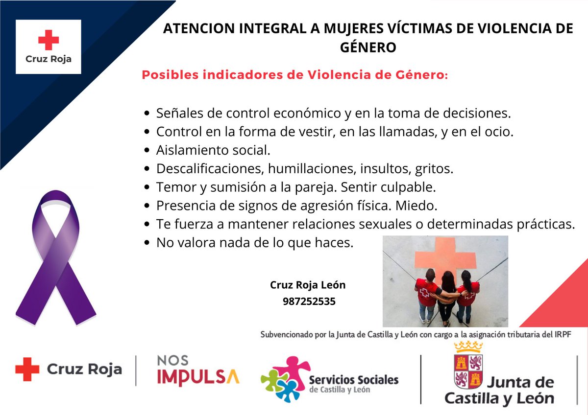 CruzRojaLeonES's tweet photo. Atención Integral a mujeres víctimas de violencia de género.
Financia @jcyl @familiajcyl 
#Empoder@MujerVGCyL https://t.co/ebJNgVn2uC