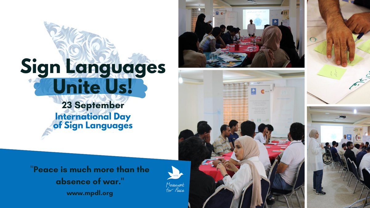 MpdlJordan's tweet photo. Today is the #InternationalDayofSignLanguages - #SignLanguages unite us!

Every activity of #MovementforPeace is designed and organised so that deaf people and other sign language users are included in every aspect and step of our projects in #Jordan 

#SignLanguagesUniteUs https://t.co/dpofnNhV76