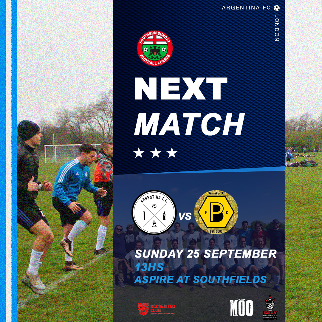 ArgentinaFCLdn's tweet photo. 🗓🔜 Next Match!

⚽ @SouthernSunday
🆚 @ParklifeFC 
🗓 Sun 25/09
🕘 13:00
🏟 Aspire at Southfields

🎙️@PodcastSelk
🥩@CantinaMoo https://t.co/urTQC5tyin