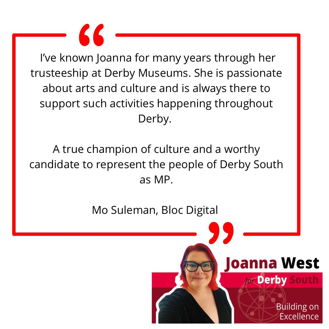 JoannaWestUK's tweet image. As the fabulous Derby Festé starts today, another brilliant endorsement from one of Derby’s most creative and passionate people about my support for arts and culture seems fitting! Thank you Mo! 

#BuildingOnExcellence #ForTheFuture #VocalAndVisible #DerbySouth #CulturalChampion