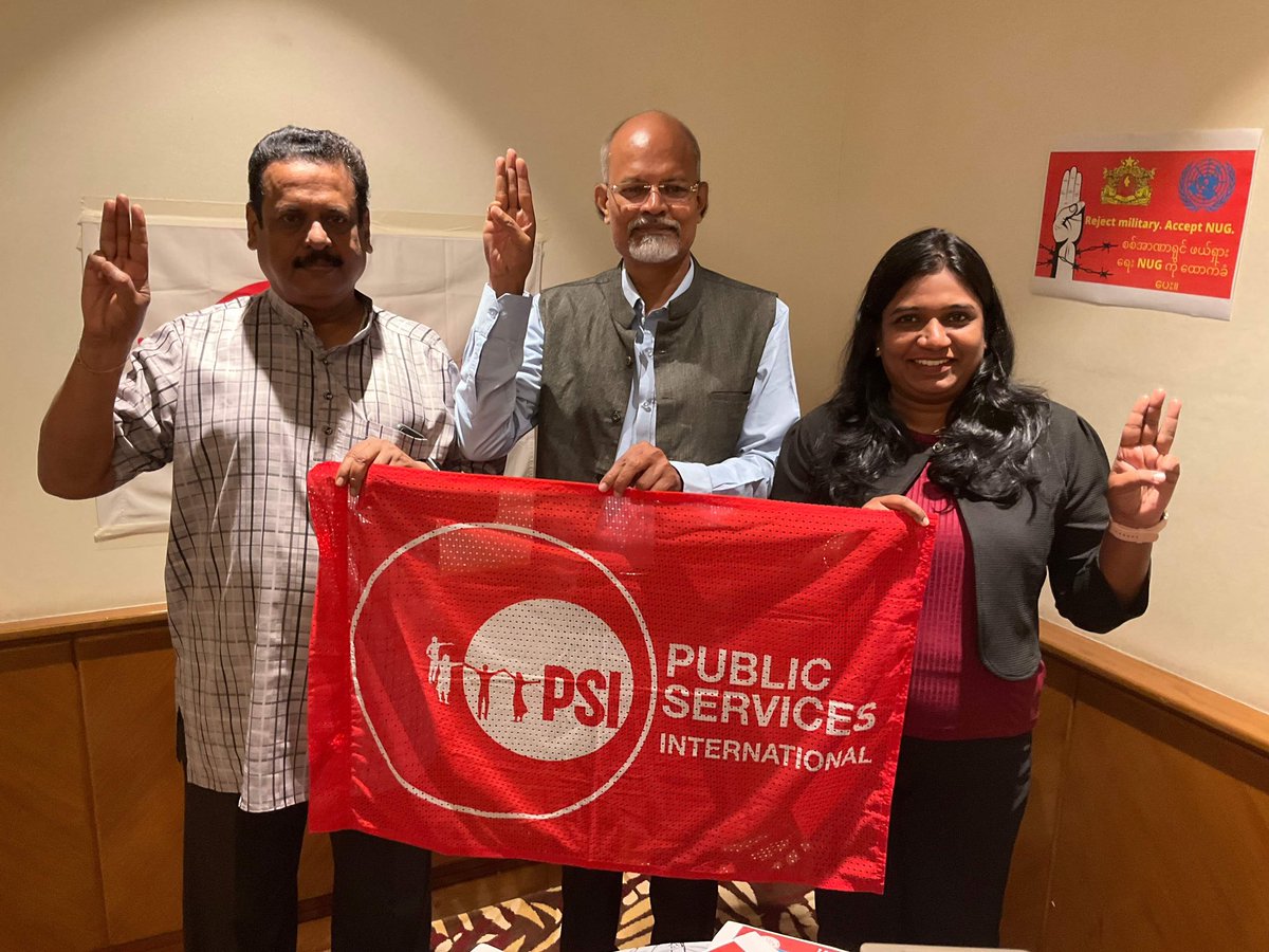 PSIasiapacific's tweet photo. In solidarity with trade unions in Myanmar, PSI calls on governments to reject the claim of the military junta to represent the peoples of Myanmar in any UN official functions #AcceptNUG
#AcceptNUGRejectMilitary
#CredentialChallenge
#UNGA77 @PSIglobalunion @katelap https://t.co/dudJNqlVHO