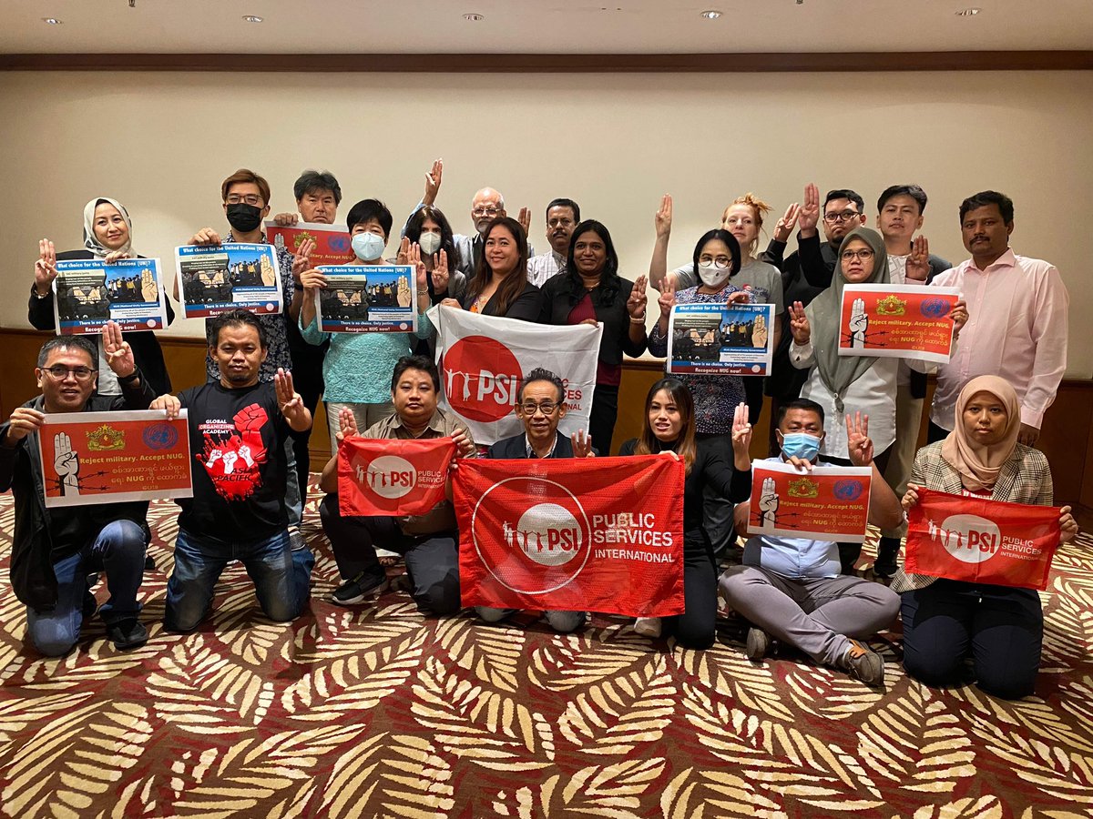 PSIasiapacific's tweet photo. In solidarity with trade unions in Myanmar, PSI calls on governments to reject the claim of the military junta to represent the peoples of Myanmar in any UN official functions #AcceptNUG
#AcceptNUGRejectMilitary
#CredentialChallenge
#UNGA77 @PSIglobalunion @katelap https://t.co/dudJNqlVHO