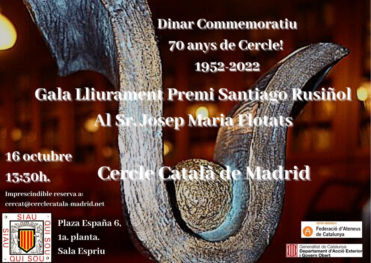 CatalaCercle's tweet photo. 🗣️#SaveTheDate #70AnysDeCercle‼️
🗓️16-O🕜13h30

🥳Enguany fem #70Anys! I ho celebrarem amb un #DinarCommemoratiu i una #Gala🎭 molt especial: el lliurament del nostre #PremiSantiagoRusiñol a una de les icones del #TeatreCatalà, en #JosepMariaFlotats!

ℹ️ 🎟️https://t.co/FZ4VL6Ts4n https://t.co/RHdUKOcd1P