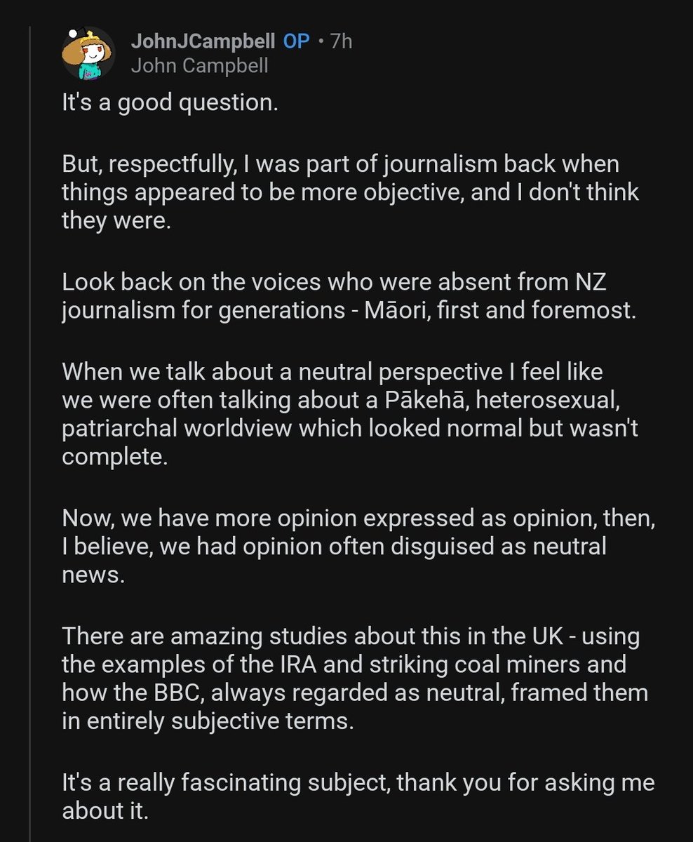 Hayden Donnell (@haydendonnell) on Twitter photo Great response from <a href="/JohnJCampbell/">John Campbell</a> to someone pining for the old days when journalism was objective Great response from <a href="/JohnJCampbell/">John Campbell</a> to someone pining for the old days when journalism was objective