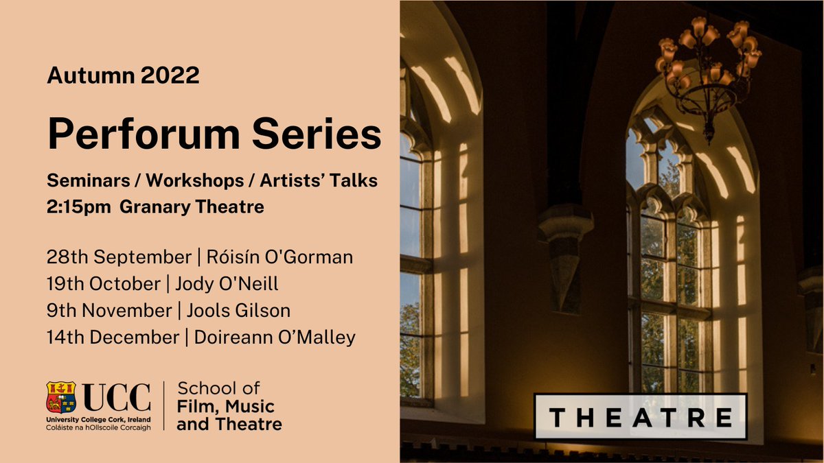 TheatreUCC's tweet photo. Our Perforum Series is back! Next week we are delighted to welcome our Department's Dr. Róisín O'Gorman to @UCC Granary Theatre at 2:15pm on Wednesday, 28th September to discuss Attuning to archival affects through arts practice research.
#freeevent #ChooseUCC #perforum https://t.co/sqETwTfU8Z