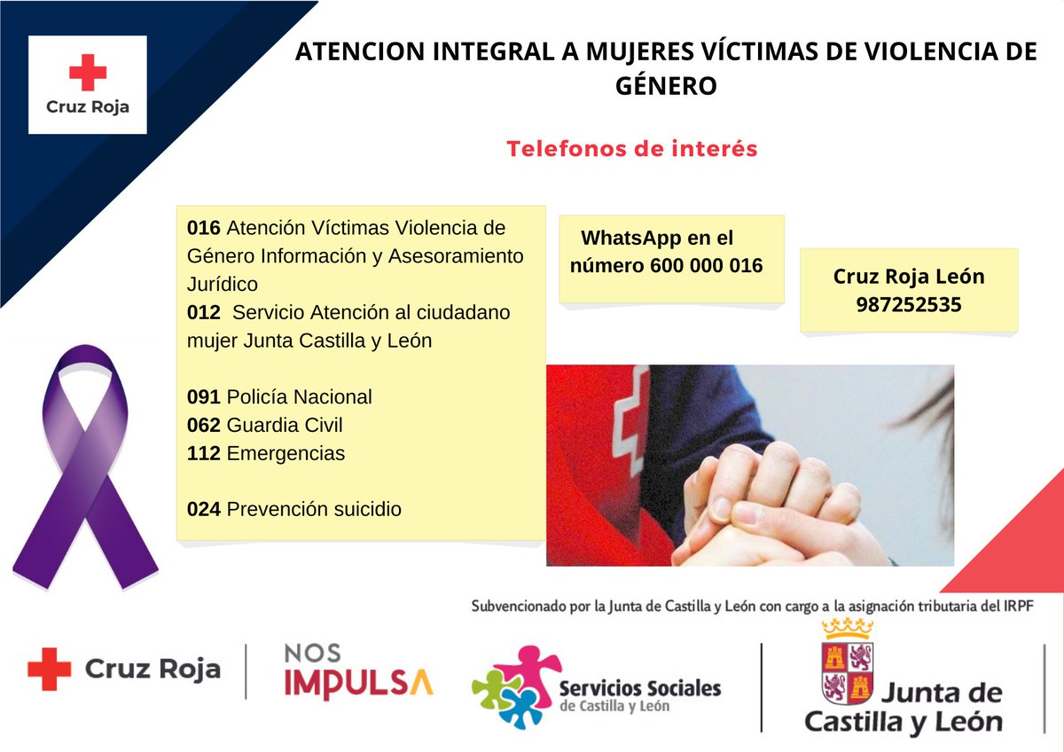 CruzRojaLeonES's tweet photo. Atención Integral a mujeres víctimas de violencia de género.
Financia @jcyl  @familiajcyl 
#Empoder@MujerVGCyL https://t.co/Xs6UYfS7aw