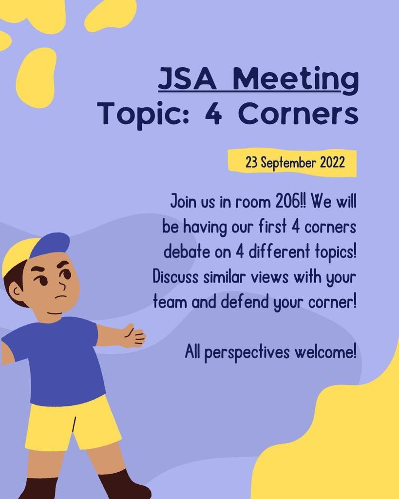 EastJSA's tweet photo. Come to room 206 for our first four corners debate!! One of the topics we’ll be discussing is highly recommended so  be sure to stop in to find out! https://t.co/aYK6AryHQN https://t.co/8nAGItCU7q