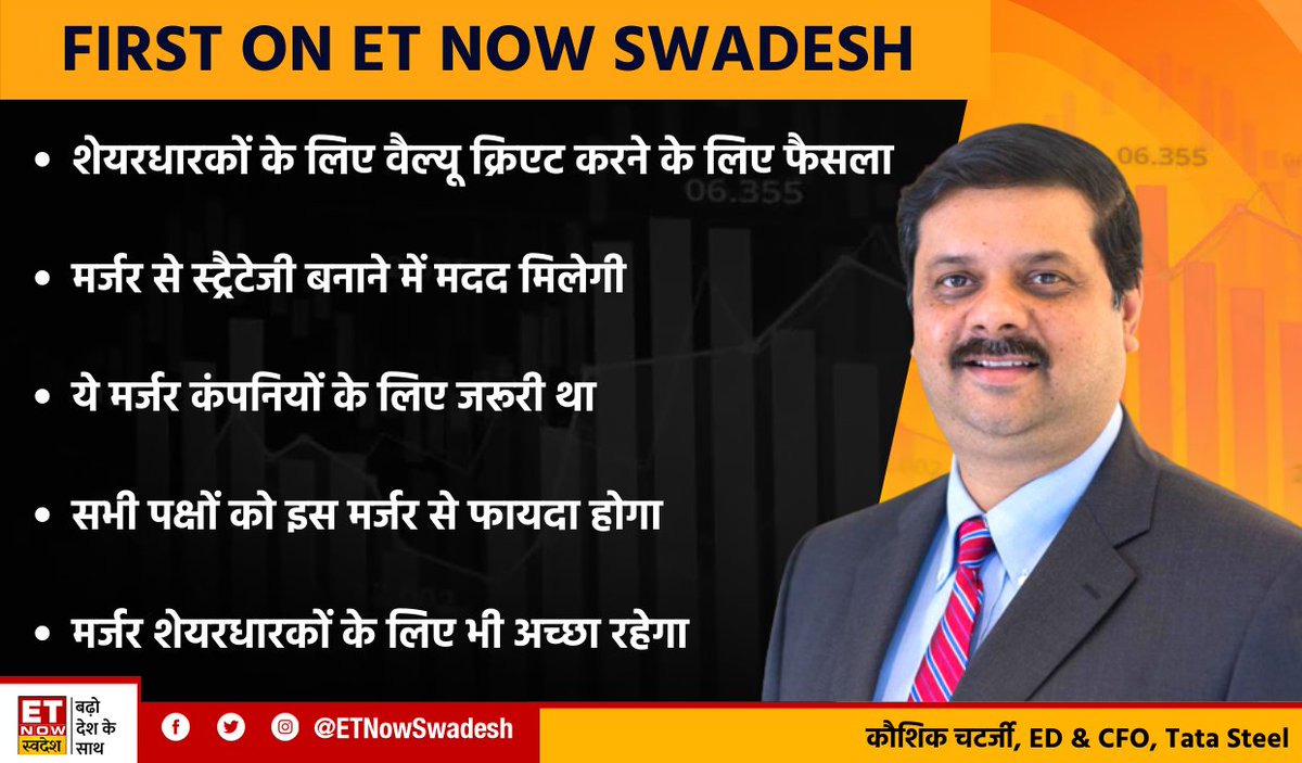 ETNowSwadesh's tweet photo. @TataSteelLtd @Ajaya_buddy #FirstOnSwadesh | एक छत की नीचे आएंगी #TataGroup की सभी मेटल कंपनियां
शेयरधारकों के लिए वैल्यू क्रिएट करने के लिए फैसला, ये मर्जर कंपनियों के लिए जरूरी था। यह सभी पक्षों को के साथ-साथ शेयरधारकों के लिए भी अच्छा रहेगा:कौशिक चटर्जी, ED & CFO, @TataSteelLtd
#TataSteel @Ajaya_buddy https://t.co/1GsAjqbYj6