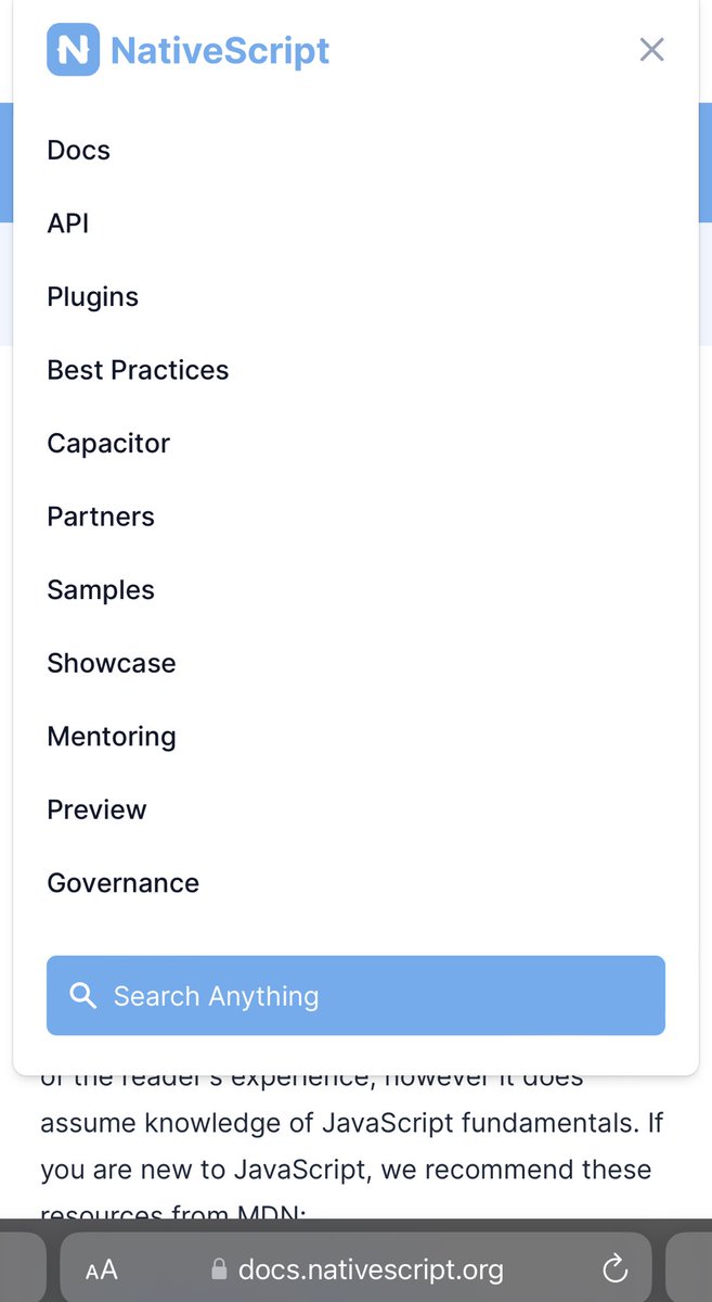 mikegulik's tweet photo. ⁦⁦@NativeScript⁩ fyi the menu on the docs page seems to have a broken link (best practices) https://t.co/oXmd3njSEf
