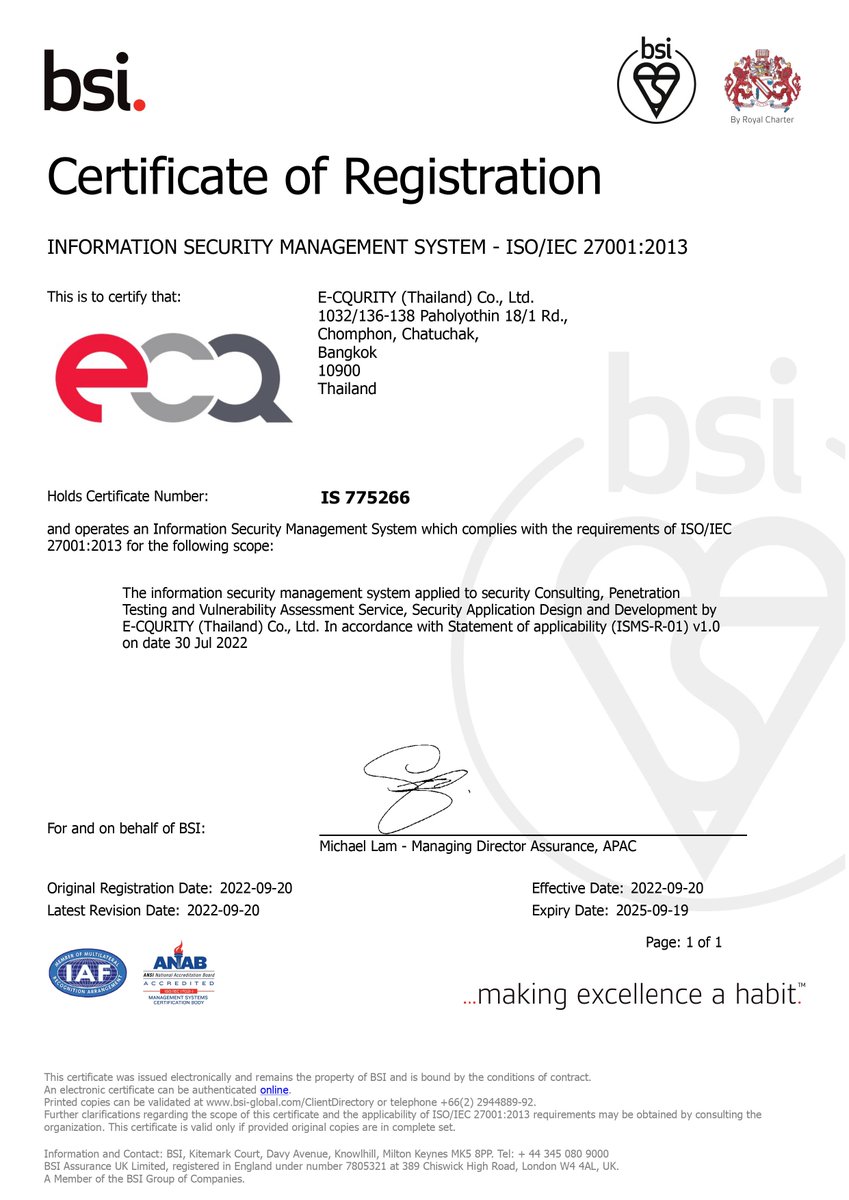 ECQ_Official's tweet photo. E-CQURITY IS HONORED TO RECEIVE ISO/IEC 27001:2013 CERTIFICATE
#Iso27001_2013 #isocertification #informationsecurity
#PenetrationTesting #SecurityConsulting #VulnerabilityAssessmentService #SecurityApplicationDesign #Development
#OffensiveIsDefensive #hacking https://t.co/BETbpIMISk