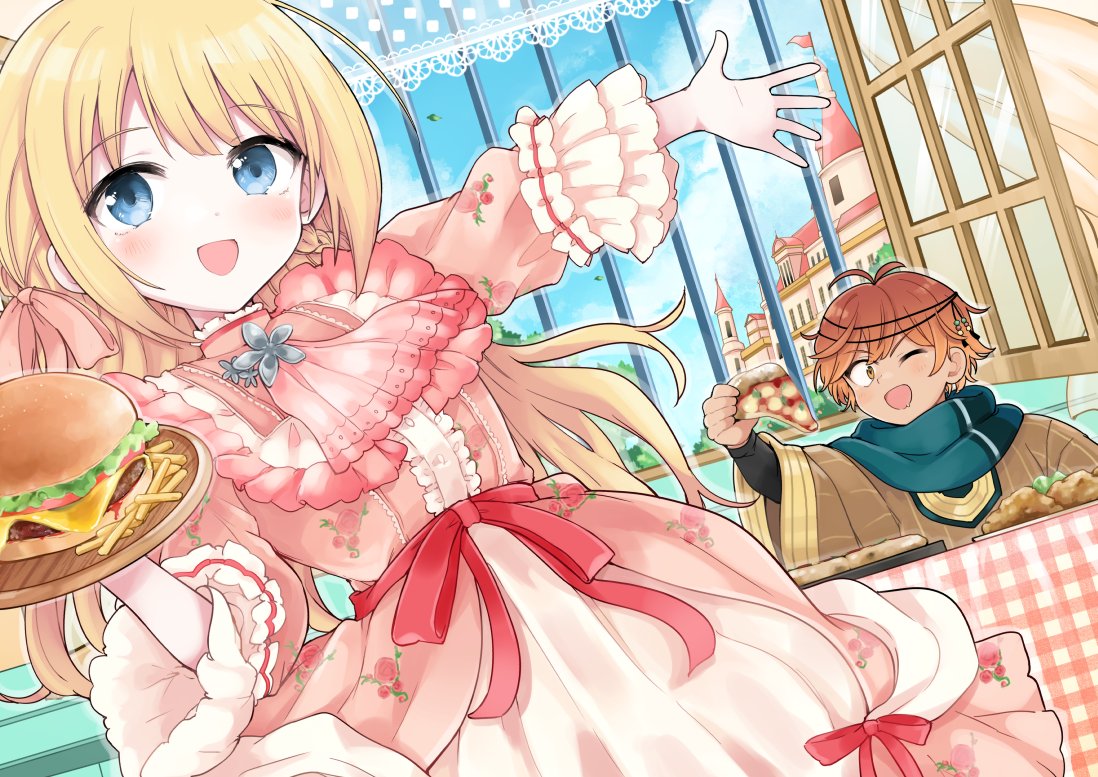 1girl food 1boy dress blonde hair blue eyes one eye closed  illustration images