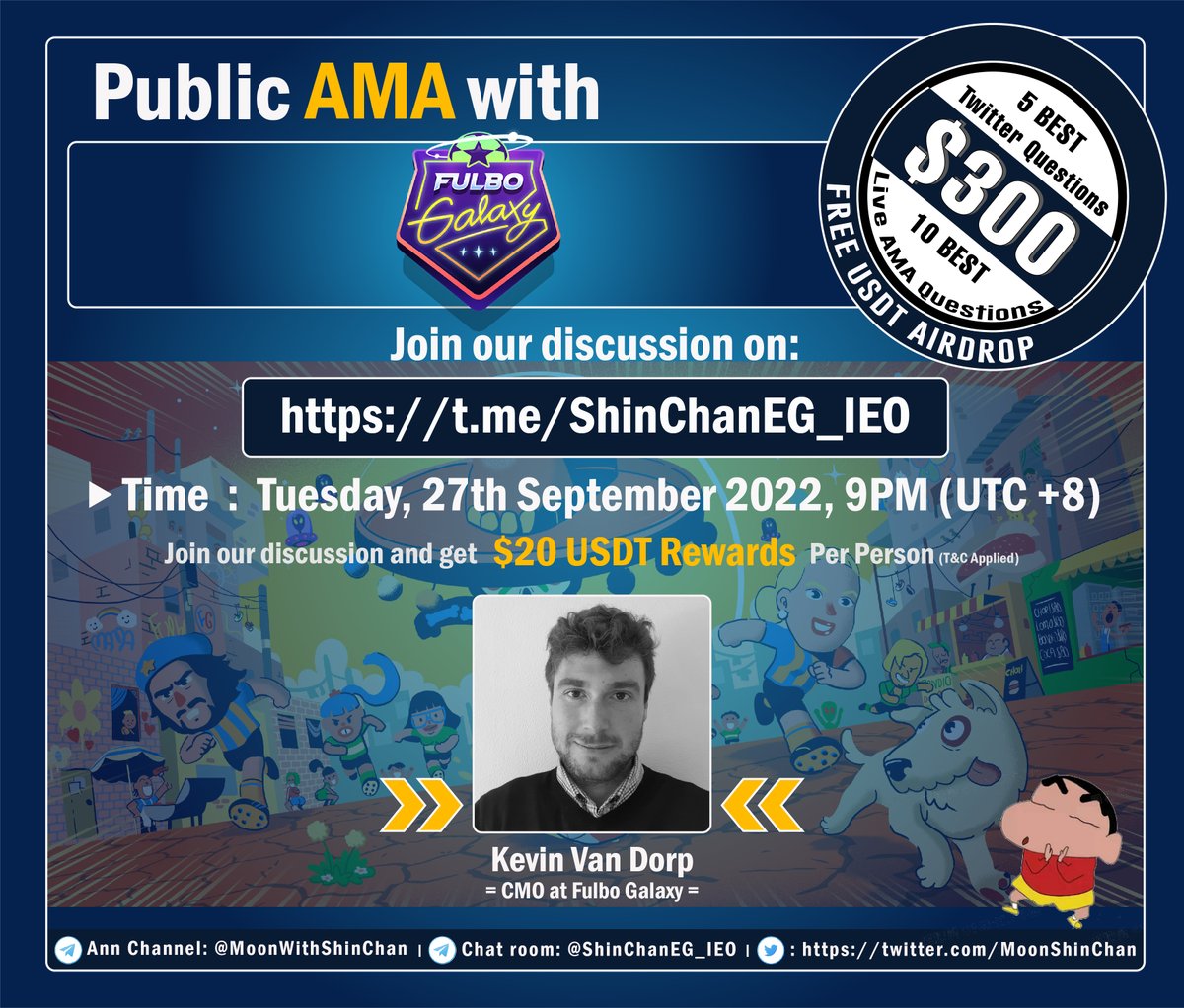 MoonShinchan's tweet photo. ‼️ Announcing an official Public AMA with 
@FulboGalaxy giving out $300 USDT Rewards on Tues, 27 Sept🎁  

👉 Join us at TG:  https://t.co/106OJDt1ke
🔜 Timer: https://t.co/9aGzDLE8ju

Like, RT, Tag 3 people &amp; ask your question, 5 Best Qs will be selected by Team https://t.co/a9bgk3utT2