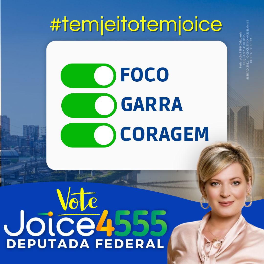 doriaprefeito's tweet photo. Foco, garra e coragem!
Vote Joice!
#JoiceHasselmann #TimeJoice #Joice4555 https://t.co/YGvI3AY3hE