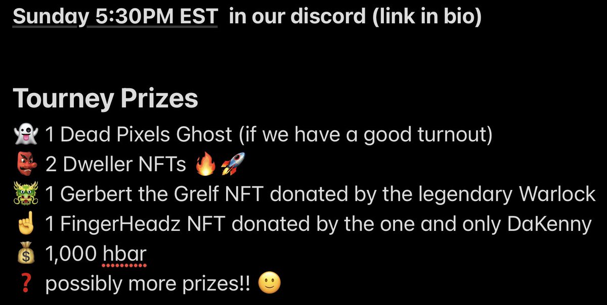 PRE-MINT TOURNEY 🔥🏆🔥

👻 Dead Pixels Ghost prize 👻

⭐️ RT and tag 2 friends to win a FREE Dweller NFT ⭐️

Tourney details in image below!

#HederaHeatWave #Hbarbarians #HederaNFTs